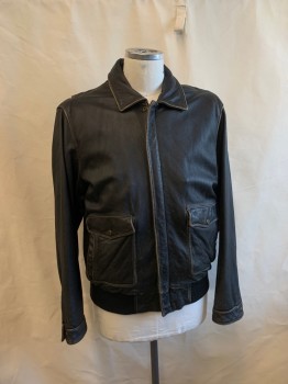 DANIER, Black, Leather, Solid, C.A., Zip Front, 2 Pockets, Elastic Waistband, *Aged/Distressed*