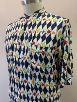 RINGO SPORT, Navy Blue, Ecru, Multi-color, Rayon, Novelty Pattern, Harlequin Diamonds with Stars, Hearts, Fleur De Lis Multicolor Shapes, Short Sleeves, Band Collar, Button Front, 1 Patch Pocket,