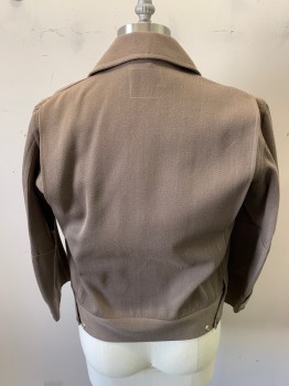 RANGER WHIPCORD, Lt Brown, Polyester, Solid, Long Sleeves, Zip Front, Brass Hardware, Zipper Chest Pocket, 2 Patch Pockets with Button Flaps, 2 Buttons Per Sleeve, Back Pleats, Waist Adjusters with Snaps, 1950s