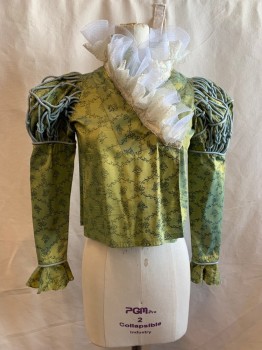 MTO, Lt Green, Lt Blue, Dk Green, Off White, White, Polyester, Buckram, Floral, Snap Front, Light Blue Pipe Trim and Braided Detail on Shoulders, Ruffle White Buckram and Off White Lace Ruffle at Neck, Long Sleeves