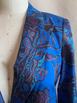 KOBI HALPERIN, Blue, Black, Sky Blue, Purple, Dk Gray, Silk, Polyester, Abstract , Paisley/Swirls, Single Breasted, 1 Covered Button, Peaked Lapel, 2 Pockets, 5 Covered Buttons Cuff