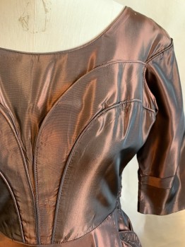 MTO, Copper Metallic, Polyester, Solid, 3/4 Sleeves, Side Zipper, Scoop Neck, Self Piping on Bodice, Semi Circle on Skirt Hip,