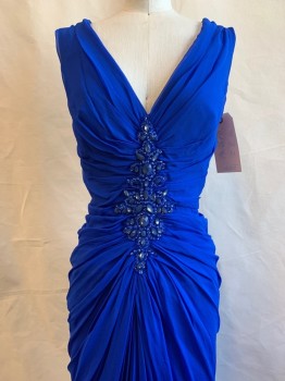 TADASHI SHOJI, Royal Blue, Polyester, Solid, V-neck, Sleeveless Large Center Front Mesh Coverred Rhinestone Detail, Gathered Bust & Waist, Ruched Center Back with Zipper