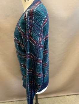 JT BECKETT, Navy Blue, Turquoise Blue, Red, Gray, Acrylic, Plaid-  Windowpane, V Neck Cardigan 4 Button Colored. Waffle Knit, Solid Navy Trim.