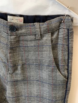 ZARA KIDS, Dk Gray, Lt Gray, White, Navy Blue, Red, Polyester, Viscose, Plaid, Girls, Zip Front, Button Fly, 4 Pckts, Belt Loops, Piping Side Seam