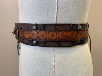 MTO, Brown, Tan Brown, Red, Silver, Leather, Metallic/Metal, Stamped Tan Belt on Top of 2" Wide Dk Brown Stamped Belt, Silver Chains with Trio of Chandeliers, Red Cabochon Center Front,