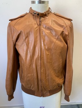 GOLDEN STATE, Caramel Brown, Leather, Solid, Zip Front, Bomber With Rib Knit Waistband And Cuffs, Band Collar With Strap, Epaulettes, 2 Welt Pockets