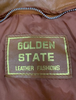 GOLDEN STATE, Caramel Brown, Leather, Solid, Zip Front, Bomber With Rib Knit Waistband And Cuffs, Band Collar With Strap, Epaulettes, 2 Welt Pockets