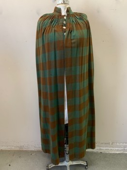 MTO, Sage Green, Brown, Wool, Plaid, Stand Collar, 5 Button Down Front, Gathered Yoke