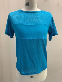 ISLANDERS, Blue, Polyester, Cotton, Solid, S/S, Crew Neck, Webbed With Solid Strip Across