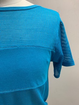 ISLANDERS, Blue, Polyester, Cotton, Solid, S/S, Crew Neck, Webbed With Solid Strip Across