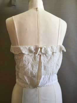 Cream, Cotton, Floral, Strapless Cotton Batiste with Floral Lace Trim At Chest with Self Lace Ruffle.drawstring Bust line. Snap Closure At  Waist