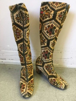BETH'S BOOTERY, Tan Brown, Olive Green, Orange, Red, Black, Cotton, Abstract , Tapestry/Carpet Type Fabric, Knee High Length, Oval Toe, Side Zip, Chunky 2" Heel,