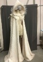 M.T.O., Cream, Polyester, Faux Fur, Cloak with Plastic Spikey Zip Tie Trimmed Hood, Reptile Textured Polyester Fleece, Self Tie Front. Collar with Plastic Weeds At Back Neck. Floor Length, Hemline Dirty