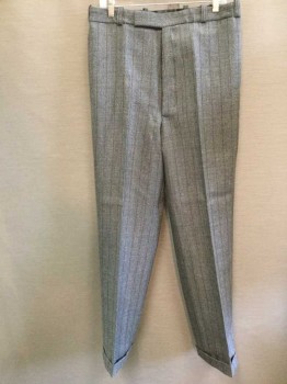 MARK COSTELLO, Gray, Brown, Wool, Mohair, Stripes, Heathered, Textured Gabardine, Flat Front, Cuff Hem, Tab Button Front, Button Fly