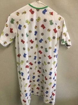 Angelica, White, Red, Green, Yellow, Blue, Polyester, Graphic, Teddy Bears & Balls Graphic, Short Sleeve,  Snap Up Shoulders, Snap Down Back
