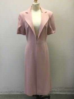 N/L, Mauve Pink, Blush Pink, Wool, Silk, Solid, Short Sleeve Over Dress/Coat, Mauve Crepe, Notch Lapel with Rounded Large Lower Notch, 3 Hook & Eye Closures at Waist, Folded Cuffs, Ankle Length Hem, Mauve Silk Satin Lining, Made To Order Reproduction **2 Pieces - Comes with Non Coded Blush Suede 1" Wide Belt, with Brown Plastic Buckle