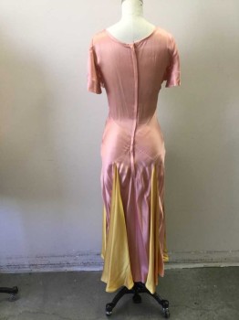 MTO, Peach Orange, Yellow, Rayon, Solid, Evening Gown, Bias Cut Short Sleeves, V Neck with 3 Buttons at Front. 4 Yellow Godet Panels in Skirt. Zipper Center Back,