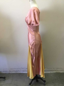 MTO, Peach Orange, Yellow, Rayon, Solid, Evening Gown, Bias Cut Short Sleeves, V Neck with 3 Buttons at Front. 4 Yellow Godet Panels in Skirt. Zipper Center Back,