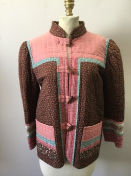 N/L, Brown, Pink, Teal Green, Cotton, Color Blocking, Floral, Solid Pink Yoke, Mandarin Collar, Striped Various Patterns at Cuff and 2 Pockets, Wood Toggle Front, Gathered Inset L/S, Vertically Quilted