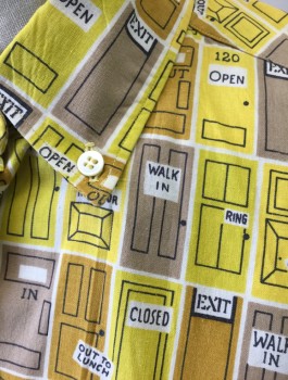 ADELAAR, Yellow, Mustard Yellow, Taupe, White, Black, Cotton, Novelty Pattern, Novelty Cartoon Doors Pattern with "Open", "Closed", "Out to Lunch" Etc. Signage, Long Sleeve Button Front, Collar Attached, Button Down Collar, Could Be Boys? But Buttons are on Right Side,