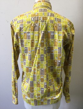 ADELAAR, Yellow, Mustard Yellow, Taupe, White, Black, Cotton, Novelty Pattern, Novelty Cartoon Doors Pattern with "Open", "Closed", "Out to Lunch" Etc. Signage, Long Sleeve Button Front, Collar Attached, Button Down Collar, Could Be Boys? But Buttons are on Right Side,