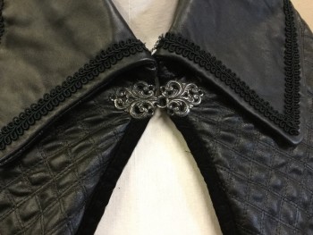 MTO, Black, Faux Leather, Polyester, Diamonds, Back with Self Quilt Diamond Texture with Black Velvet Trim,  Caplet,  Collar Attached with Black Ribbon Trim, Solid Black Lining, Intricate Silver Closure at Neck