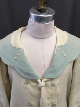 MTO, Cream, Mint Green, Wool, Solid, Scalloped Sailor Collar with Mint Flannel Inset, Sewn Detail Stripes, Embroidered Stars, Double Breasted, Attached Scarf Sailor Tie, Mint Ribbed Cuffs,
