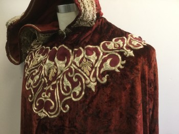 MTO, Red, Red Burgundy, Gold, Synthetic, Metallic/Metal, Floral, Panne Velvet, Gold Metal Embroidery Around Neck, One Clasp at Neck, Hood with Gold Lace, Inner Cape Ties