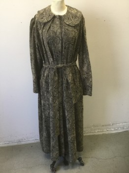 N/L, Brown, Black, Cotton, Floral, Brown with Black Swirls and Floral Brocade/Tapestry Like Fabric, Long Sleeves, Large Rounded Collar with 1 Fabric Button Closure at Neck, Ankle Length, 1920's/1930's Reproduction/MTO **Has Matching Belt