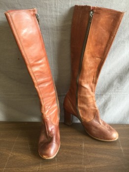 SBICCA, Brown, Leather, Solid, Below Knee Length, 3" Wood Heel, Oval Toe, Side Zipper, Curved Stitching Detail Near Top, **Has Some Wear at Toes