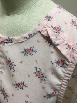 GAP KIDS, Lt Pink, Multi-color, Navy Blue, Pink, Lt Blue, Polyester, Floral, Girls Size, Light Pink with Busy Floral Pattern, Sleeveless, 3 Button Front, Self Fabric Ruffle at Shoulder Seams