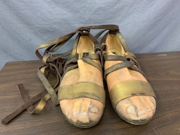 GAMBA, Gold, Beige, Leather, Novelty Pattern, Made To Order, Bare Feet in Gold Sandals. Lace Up the Leg. Some of the Gold on the Straps Has Worn Off. Painted Feet. Faux Feet, Multiples,