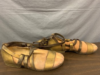GAMBA, Gold, Beige, Leather, Novelty Pattern, Made To Order, Bare Feet in Gold Sandals. Lace Up the Leg. Some of the Gold on the Straps Has Worn Off. Painted Feet. Faux Feet, Multiples,