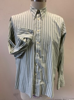 DARCY, Mint Green, Dusty Green, Cream, Cotton, Stripes - Vertical , Long Sleeves, Collar Attached, Button Front, Long Collar Points, French Cuffs,