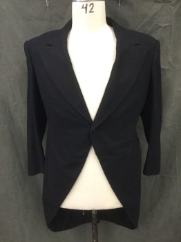 S.K. FRIEDMAN, Black, Wool, Solid, Single Breasted, 1 Button, Collar Attached, Peaked Lapel, 1 Welt Chest Pocket, Long Sleeves,  2 Back Buttons at Top of Tails,