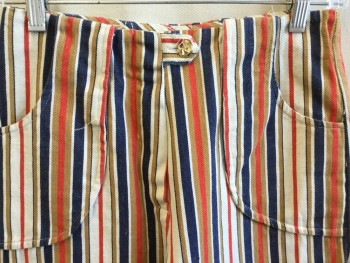 JORDAN ORIGINALS, Off White, Navy Blue, Red, Lt Brown, Cotton, Stripes - Vertical , No Waistband, Short Belt Center Front with  Gold Button, Zip Front, 2 Large Belt Hoops with Attached Pocket Front,