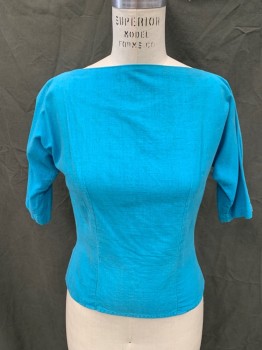 MAYA DE MEXICO, Turquoise Blue, Cotton, Heathered, Pullover, Boat Neck, Dolman 1/2 Sleeve, Zip Up Half Back,