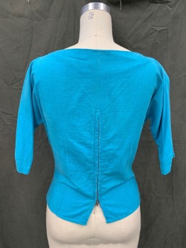 MAYA DE MEXICO, Turquoise Blue, Cotton, Heathered, Pullover, Boat Neck, Dolman 1/2 Sleeve, Zip Up Half Back,