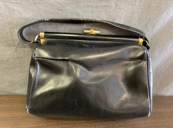 DOFAN, Black, Leather, Gold Cylindrical Clasp, Small Self Handle, Scallopped Panel at Front, Lining is Beige Leather, **Leather is Cracked/Worn in Spots