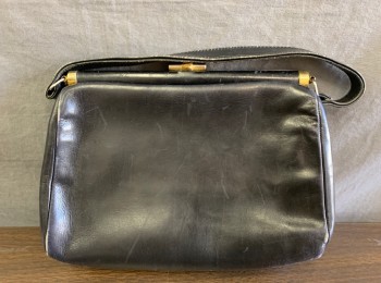 DOFAN, Black, Leather, Gold Cylindrical Clasp, Small Self Handle, Scallopped Panel at Front, Lining is Beige Leather, **Leather is Cracked/Worn in Spots