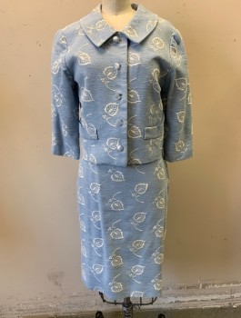 N/L, Powder Blue, White, Cotton, Leaves/Vines , Jacket, Leaf and Berry White Embroidered Pattern, 3/4 Sleeves, 5 Frosted Light Blue Plastic Buttons, Rounded Collar, Boxy Shape, 2 Faux/Non Functional Pockets, Light Blue Satin Lining