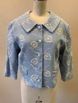 N/L, Powder Blue, White, Cotton, Leaves/Vines , Jacket, Leaf and Berry White Embroidered Pattern, 3/4 Sleeves, 5 Frosted Light Blue Plastic Buttons, Rounded Collar, Boxy Shape, 2 Faux/Non Functional Pockets, Light Blue Satin Lining