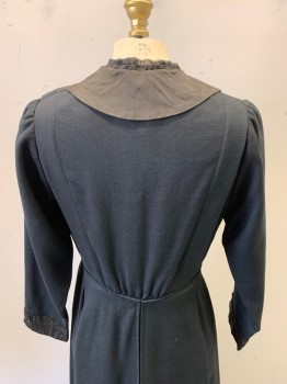 MTO, Black, Wool, Silk, Solid, Gabardine, L/S, Faded Black Silk Collar and Inner Bodice with Button Detail, Also at Wrists, Sheer Black Tiny Pleating at Neck, Hooks & Bars with Snaps,