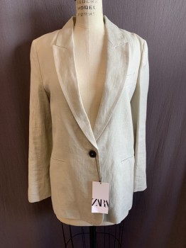 ZARA, Beige, Linen, Solid, Single Breasted, 1 Button, Peaked Lapel, 3 Pockets, 4 Button Cuff, Back Vent