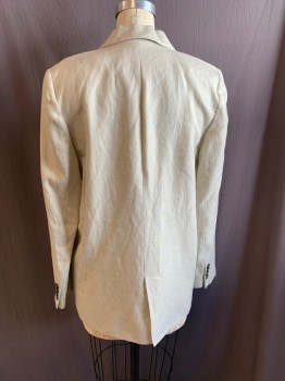 ZARA, Beige, Linen, Solid, Single Breasted, 1 Button, Peaked Lapel, 3 Pockets, 4 Button Cuff, Back Vent