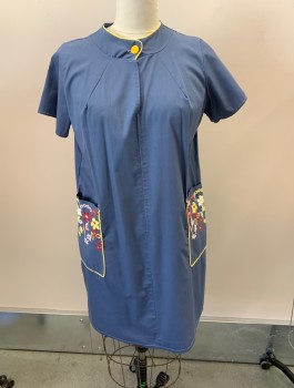 N/L, Dk Blue, Cotton, Solid, 1 Button At CF Neck, 2 Flower Embroidered Pockets, Yellow Piping,