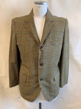 NL, Brown, Black, Teal Blue, Goldenrod Yellow, Wool, Glen Plaid, Notched Lapel, Single Breasted, Button Front, 3 Buttons,  3 Pockets, Single Vent Back
