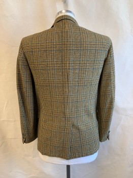 NL, Brown, Black, Teal Blue, Goldenrod Yellow, Wool, Glen Plaid, Notched Lapel, Single Breasted, Button Front, 3 Buttons,  3 Pockets, Single Vent Back