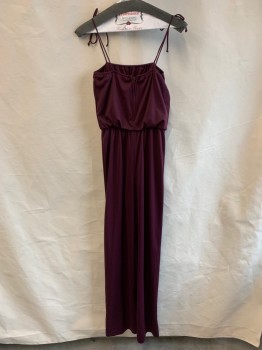 N/L, Aubergine Purple, Polyester, Solid, JUMPSUIT, Spaghetti Strap Ties at Shoulders, Tie at Waist, Elastic Waistband, Zip Back,